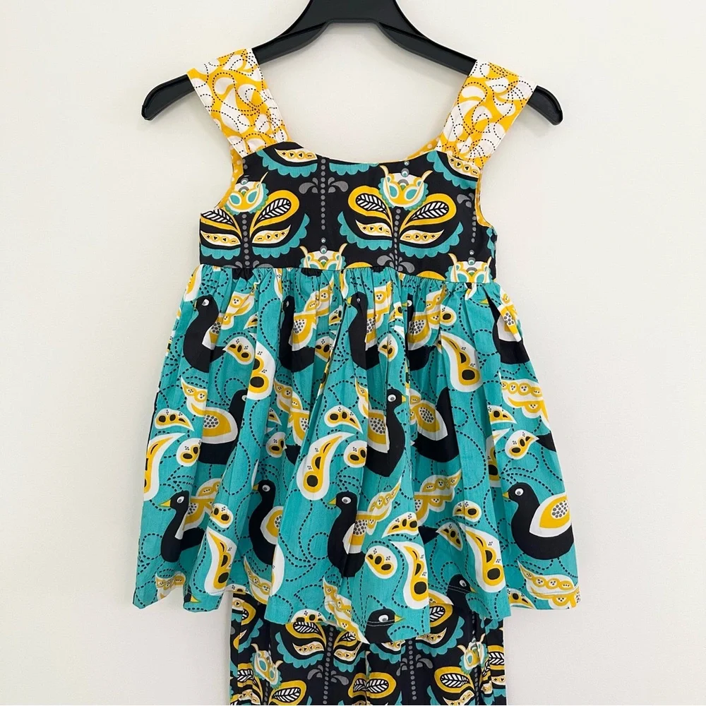 Jelly the Pug Vibrant Yellow Teal and Black 2 Piece Outfit girls size 7 Birds
